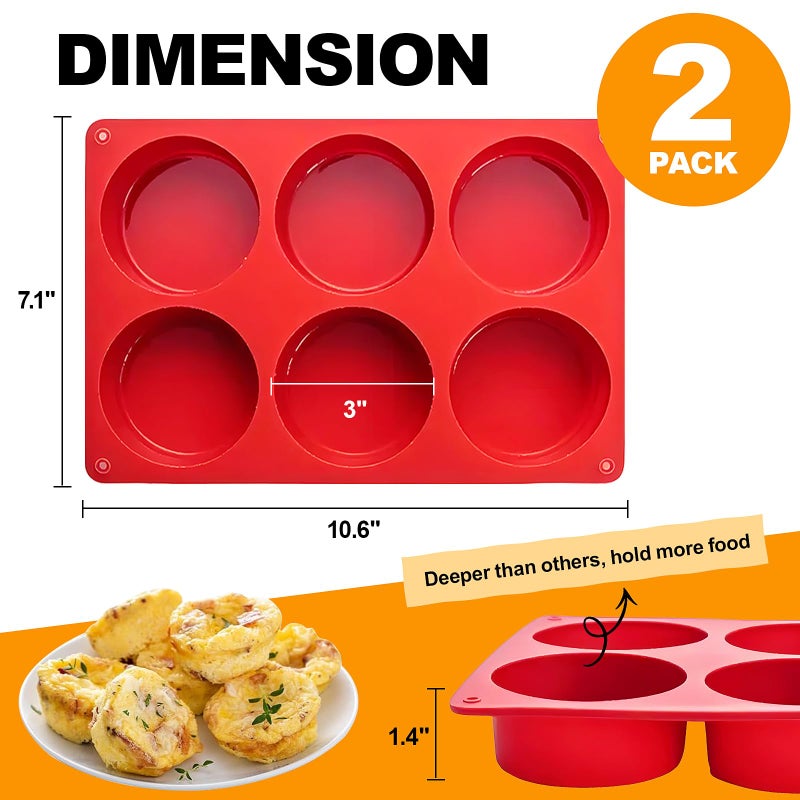 Dootafy Silicone Egg Bite Molds, 2 Pack Silicone Egg Molds Frittata Pan, Deep 3 Inch Dash Egg Cups Sous Vide Egg Mold Round Rolls Molds for Egg Breakfast Sandwiches Omelets Dinner Rolls Baking - Red - Image 2